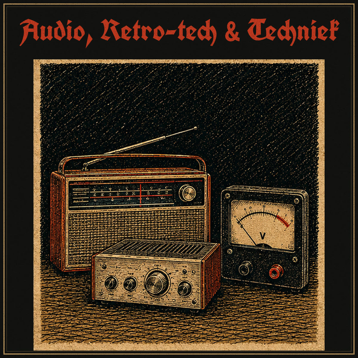 Audio, Retro-tech & Techniek - De Majum, vintage houtsnede-illustratie