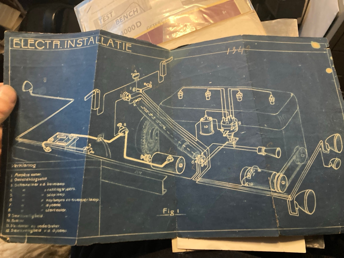 Uitgevouwen technische blauwdruk uit het lot, rechtop gefotografeerd