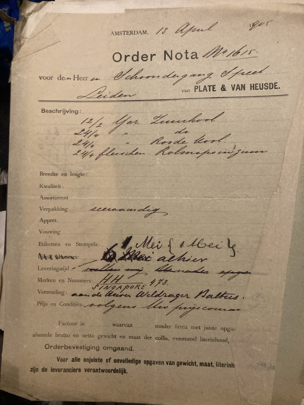 Ordernota van Plate & Van Heusde