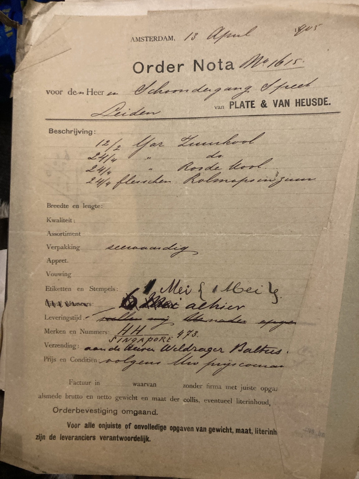 Ordernota van Plate & Van Heusde