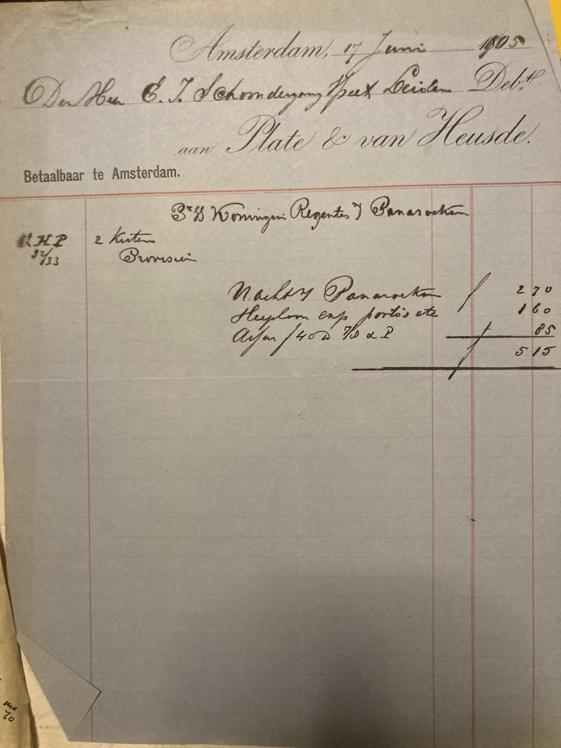 Ordernota uit het Plate & Van Heusde-archief