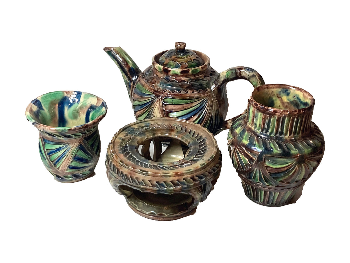 Handgemaakt keramisch theeservies met theepot, kan, beker & theelichtwarmer – foto 1