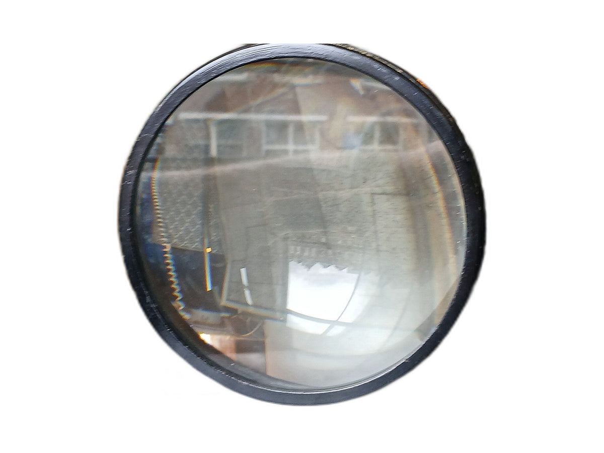 Grote vintage bolle condensorlens in zwarte metalen vatting – foto 5 van 7
