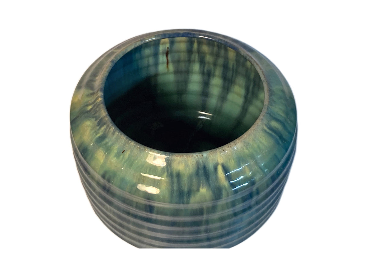 Brouwer’s Aardewerk geribde groenblauwe sierpot – Made in Holland – foto 2