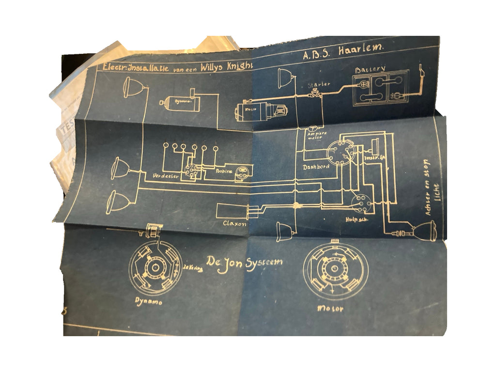 Blauwdruk van de elektrische installatie van een Willys Knight A.D.5, rechtop gefotografeerd