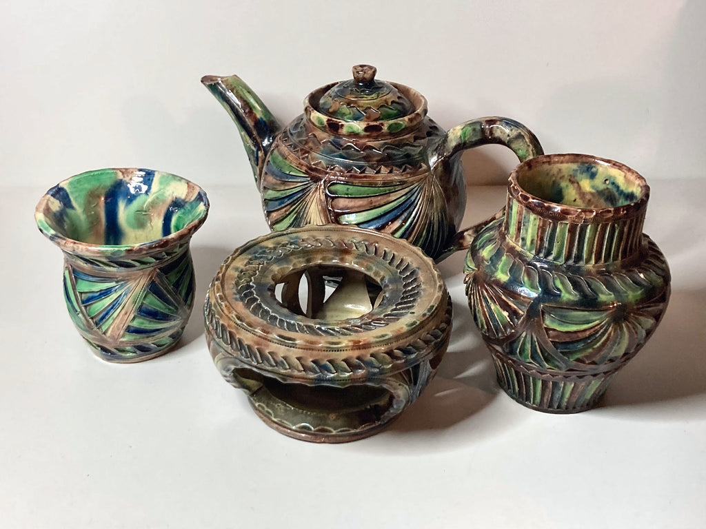 Handgemaakt keramisch theeservies met theepot, kan, beker & theelichtwarmer – foto 1