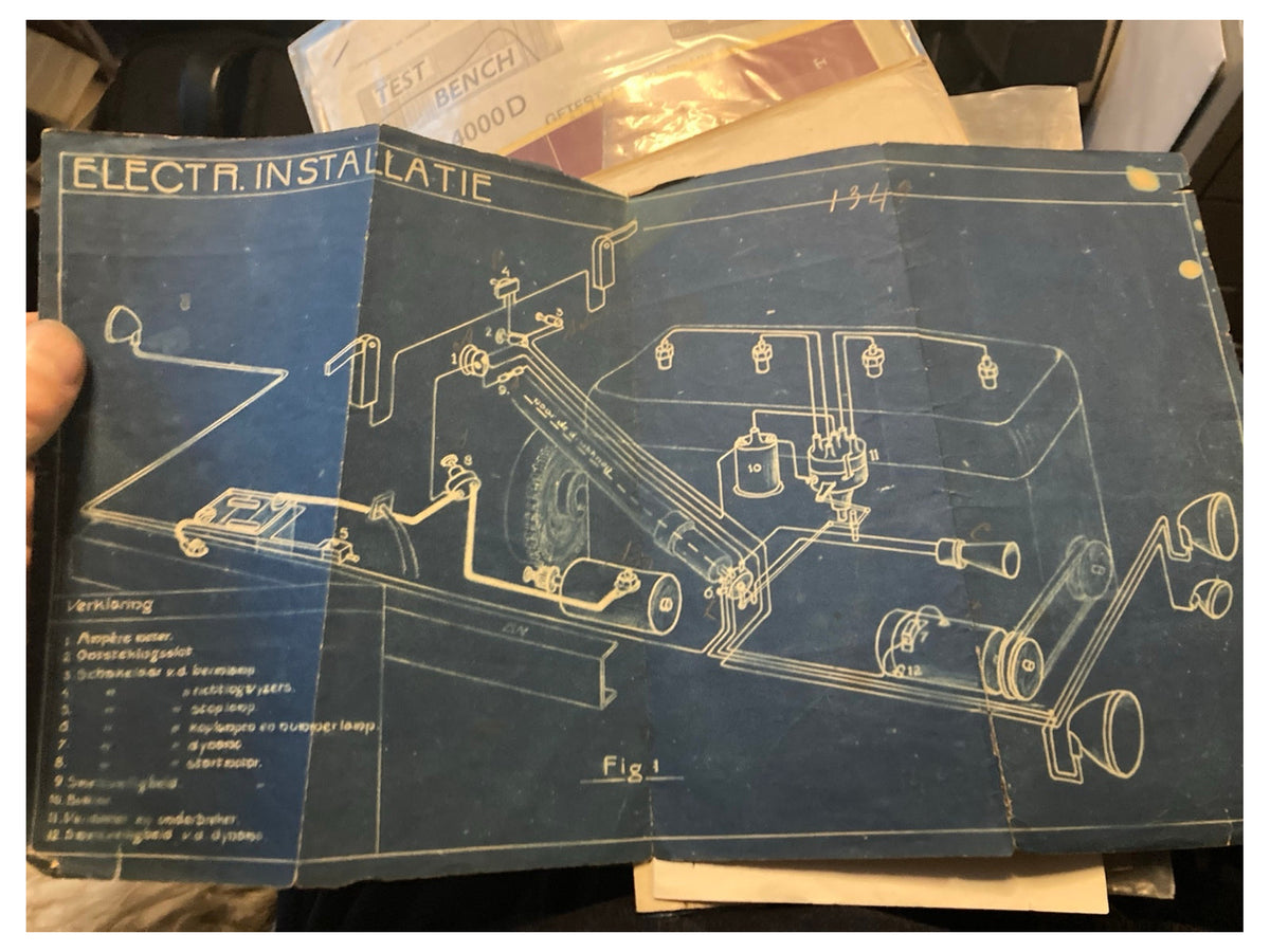 Uitgevouwen technische blauwdruk uit het lot, rechtop gefotografeerd