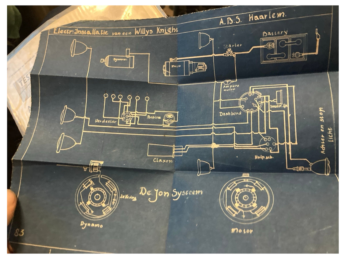 Blauwdruk van de elektrische installatie van een Willys Knight A.D.5, rechtop gefotografeerd